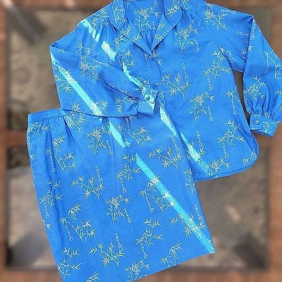 Vtg raw silk blue bamboo print skirt set - Picture 5 of 16